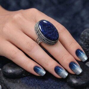 Handcrafted 925 Silver Blue Sunstone Oval Statement Ring Boho Artisan Size 10